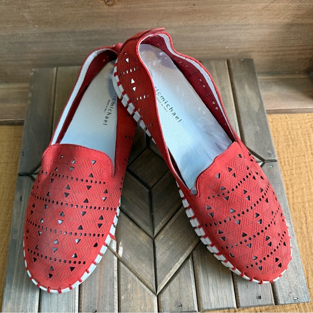 Eric Michael Maris red Nubuck‎ leather slip on loafers. Made in Italy. Size 40